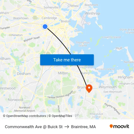 Commonwealth Ave @ Buick St to Braintree, MA map