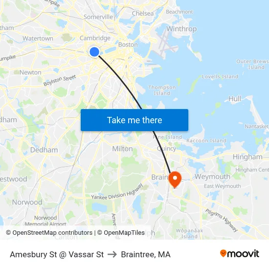 Amesbury St @ Vassar St to Braintree, MA map
