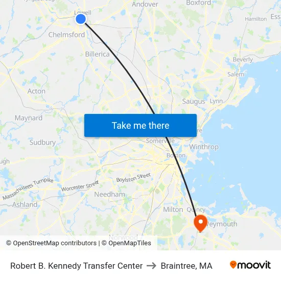 Robert B. Kennedy Transfer Center to Braintree, MA map