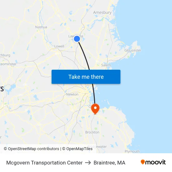 Mcgovern Transportation Center to Braintree, MA map