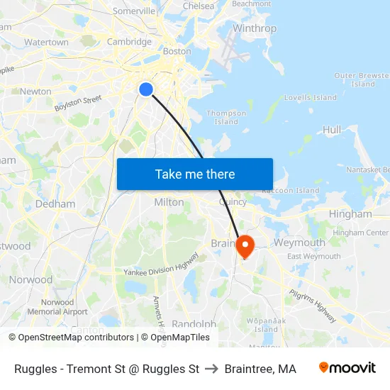 Ruggles - Tremont St @ Ruggles St to Braintree, MA map