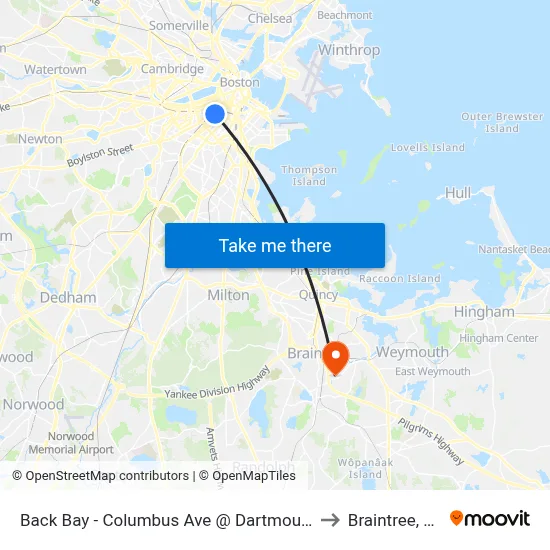 Back Bay - Columbus Ave @ Dartmouth St to Braintree, MA map