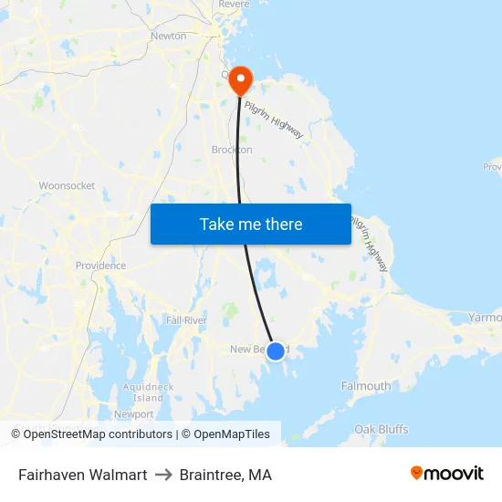 Fairhaven Walmart to Braintree, MA map
