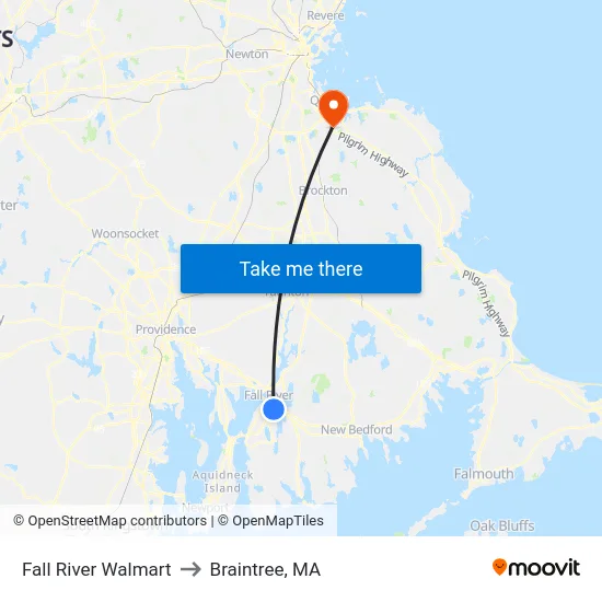Fall River Walmart to Braintree, MA map