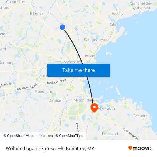 Woburn Logan Express to Braintree, MA map