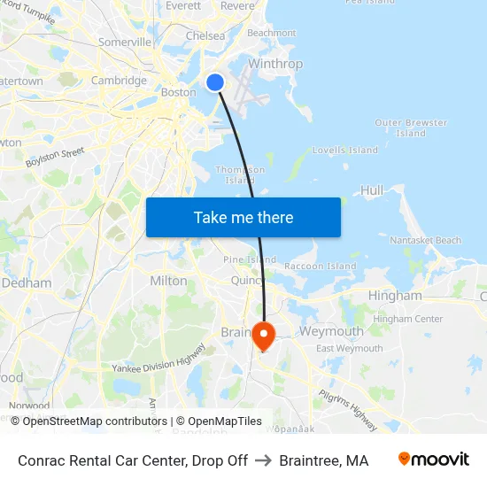 Conrac Rental Car Center, Drop Off to Braintree, MA map