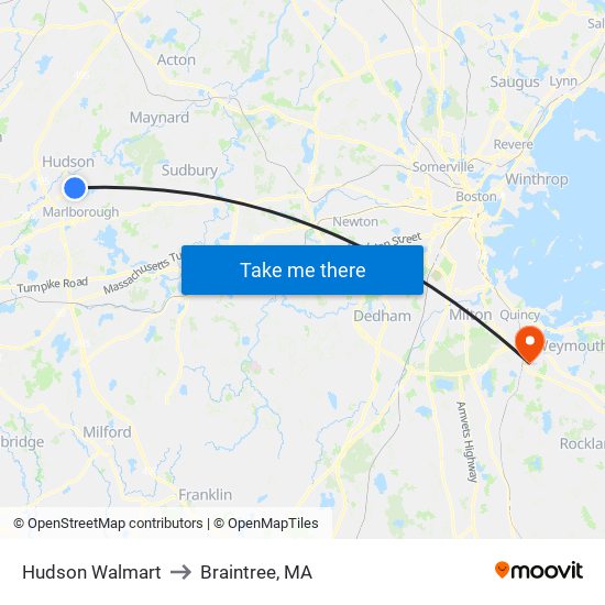 Hudson Walmart to Braintree, MA map
