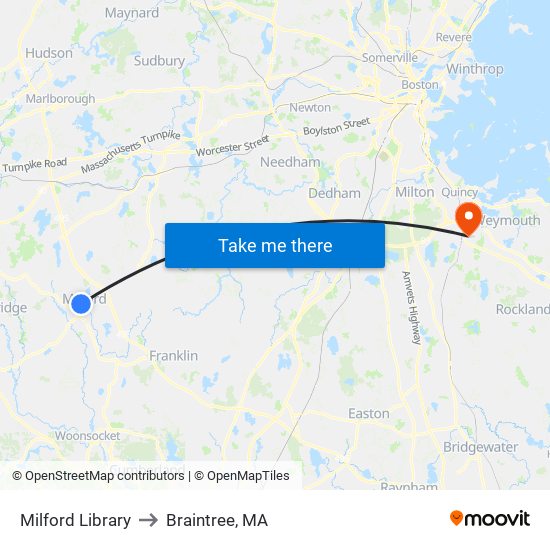 Milford Library to Braintree, MA map