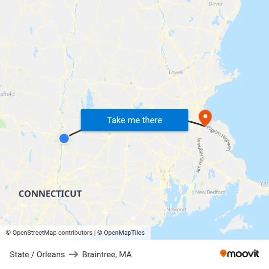 State / Orleans to Braintree, MA map