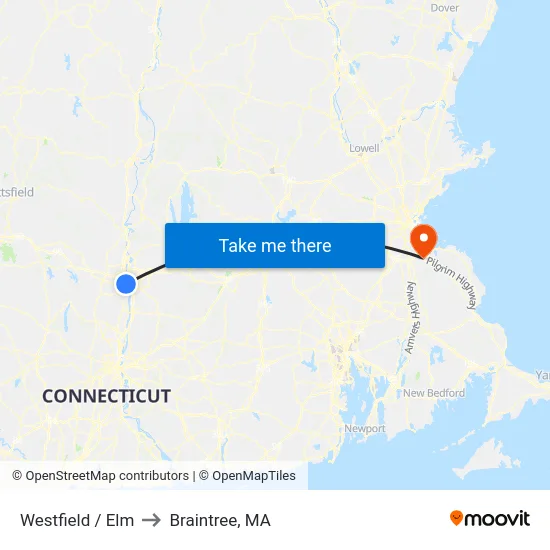 Westfield / Elm to Braintree, MA map