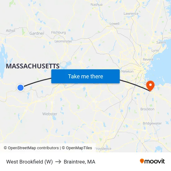 West Brookfield (W) to Braintree, MA map