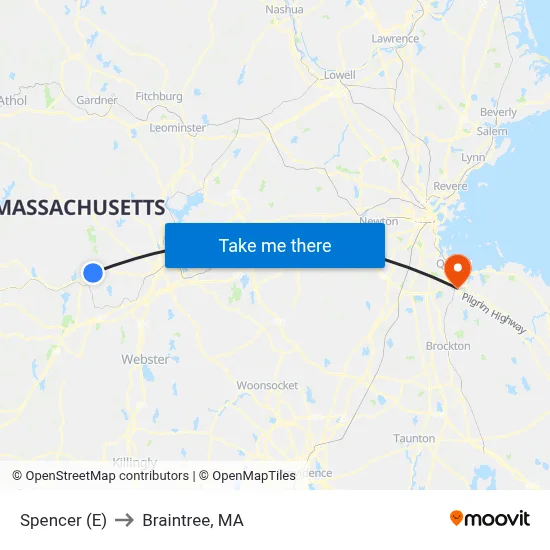 Spencer (E) to Braintree, MA map