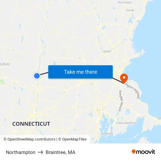 Northampton to Braintree, MA map