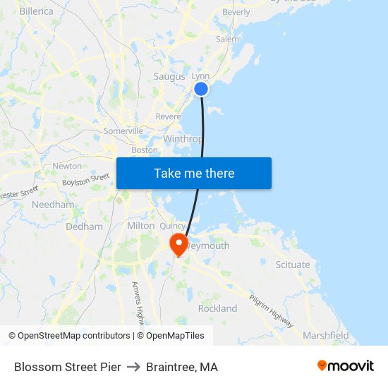 Blossom Street Pier to Braintree, MA map