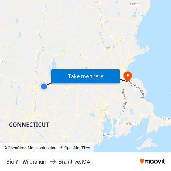 Big Y - Wilbraham to Braintree, MA map