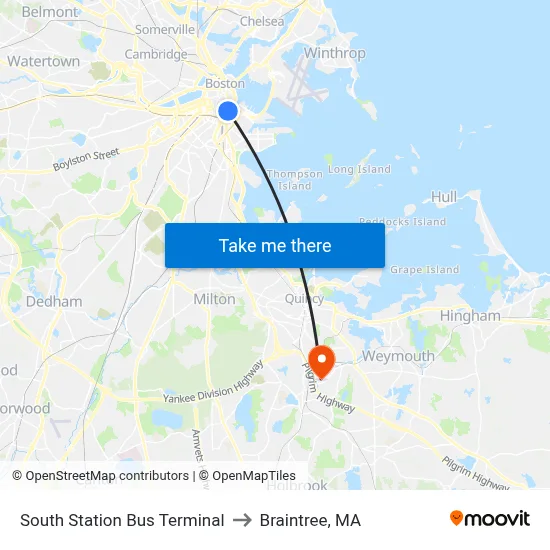 South Station Bus Terminal to Braintree, MA map