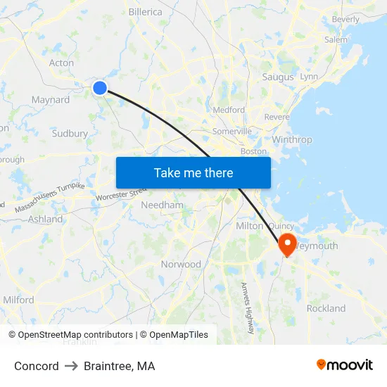 Concord to Braintree, MA map