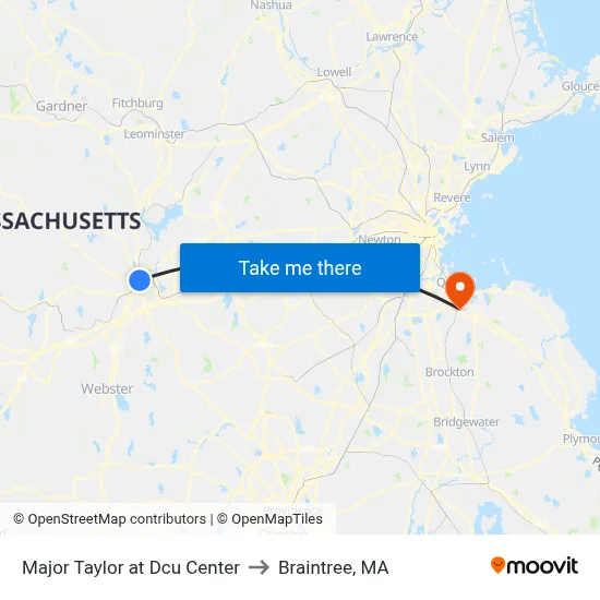 Major Taylor at Dcu Center to Braintree, MA map