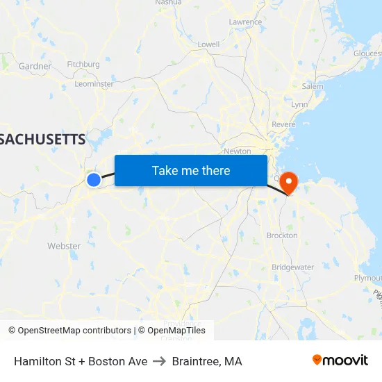 Hamilton St + Boston Ave to Braintree, MA map