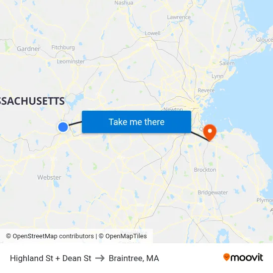 Highland St + Dean St to Braintree, MA map