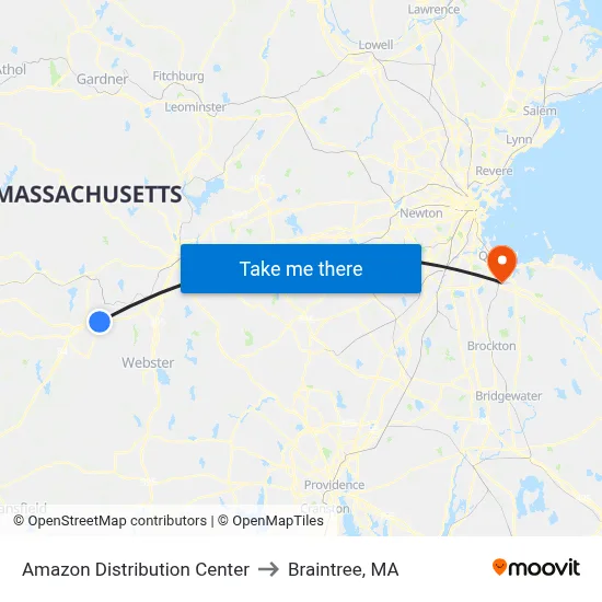 Amazon Distribution Center to Braintree, MA map