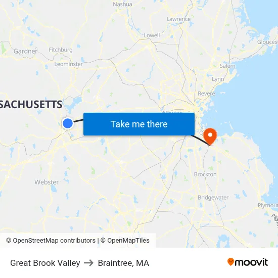 Great Brook Valley to Braintree, MA map