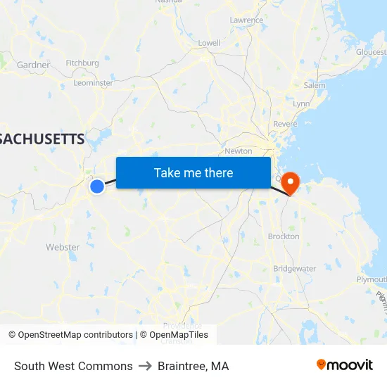 South West Commons to Braintree, MA map