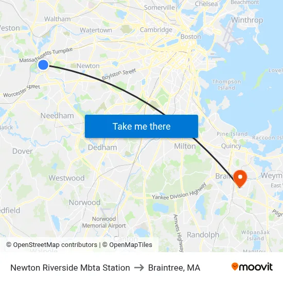 Newton Riverside Mbta Station to Braintree, MA map