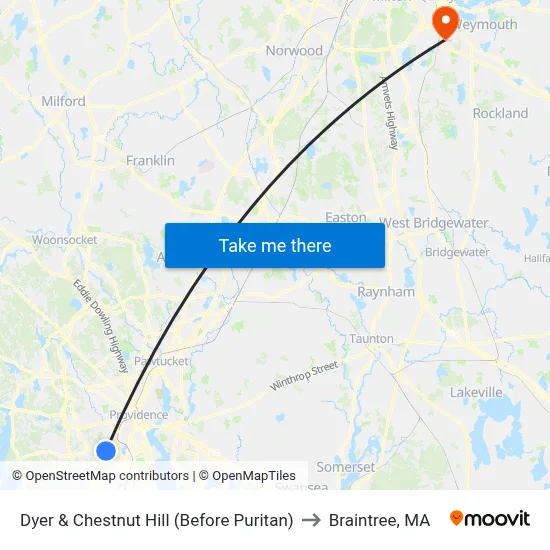 Dyer & Chestnut Hill (Before Puritan) to Braintree, MA map