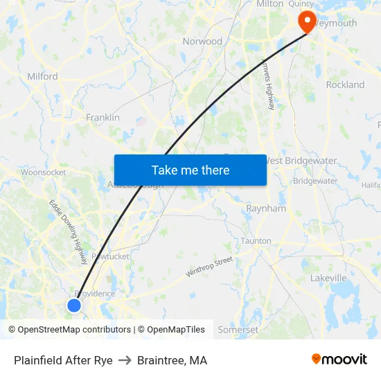 Plainfield After Rye to Braintree, MA map