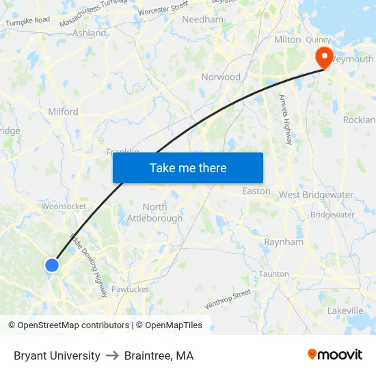 Bryant University to Braintree, MA map