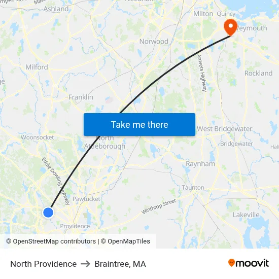 North Providence to Braintree, MA map