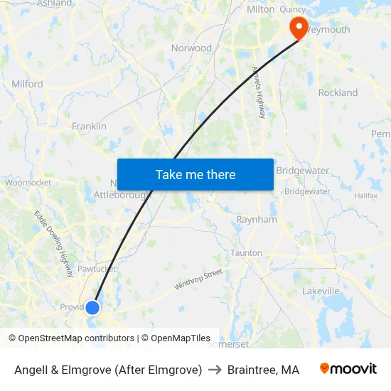 Angell & Elmgrove (After Elmgrove) to Braintree, MA map