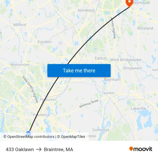 433 Oaklawn to Braintree, MA map