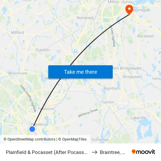 Plainfield & Pocasset (After Pocasset) to Braintree, MA map