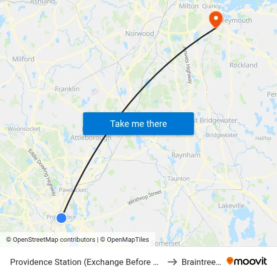 Providence Station (Exchange Before Park Row W) to Braintree, MA map