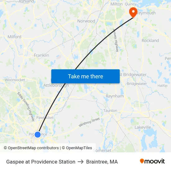 Gaspee at Providence Station to Braintree, MA map