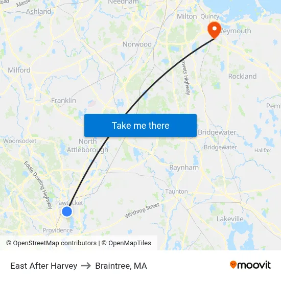 East After Harvey to Braintree, MA map