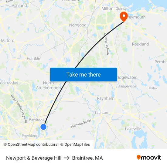 Newport & Beverage Hill to Braintree, MA map