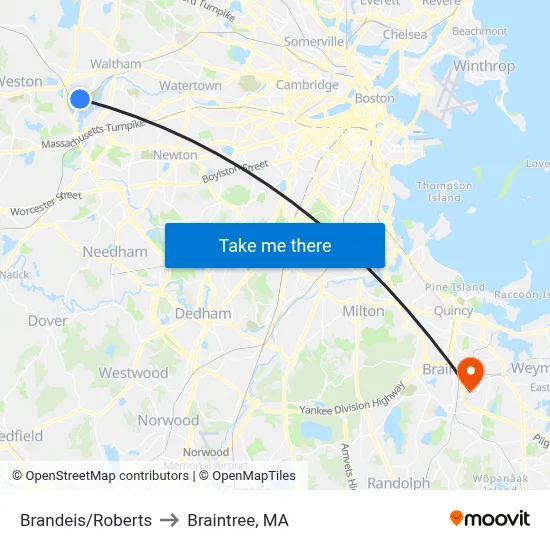 Brandeis/Roberts to Braintree, MA map
