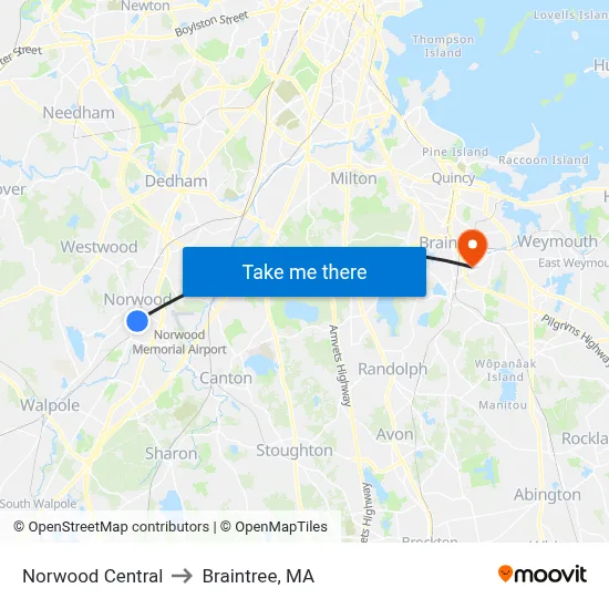 Norwood Central to Braintree, MA map