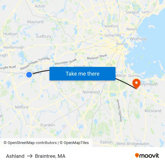 Ashland to Braintree, MA map