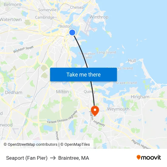 Seaport (Fan Pier) to Braintree, MA map