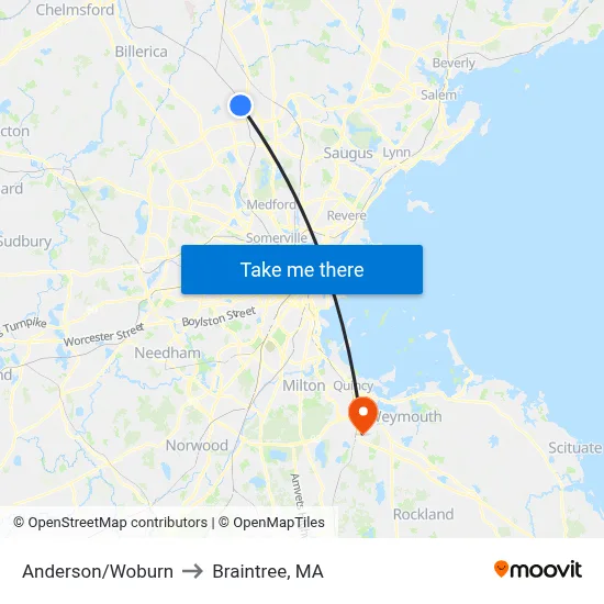 Anderson/Woburn to Braintree, MA map