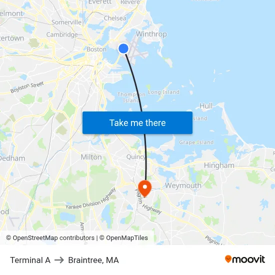 Terminal A to Braintree, MA map