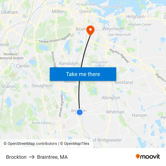 Brockton to Braintree, MA map