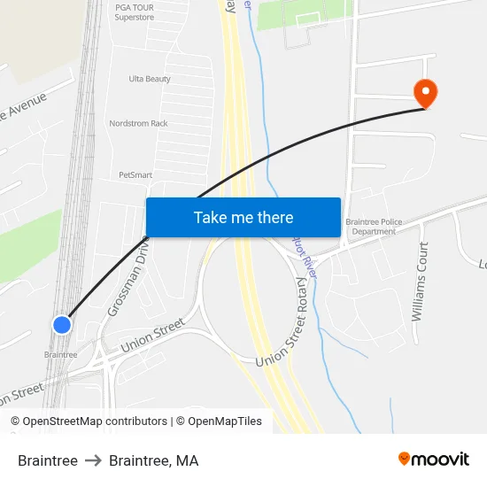 Braintree to Braintree, MA map