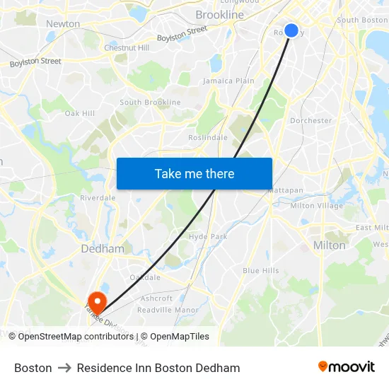 Boston to Residence Inn Boston Dedham map