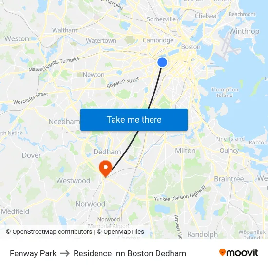 Fenway Park to Residence Inn Boston Dedham map