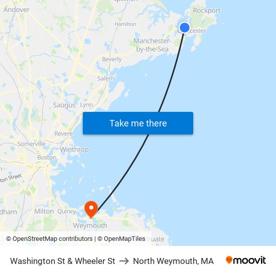 Washington St & Wheeler St to North Weymouth, MA map